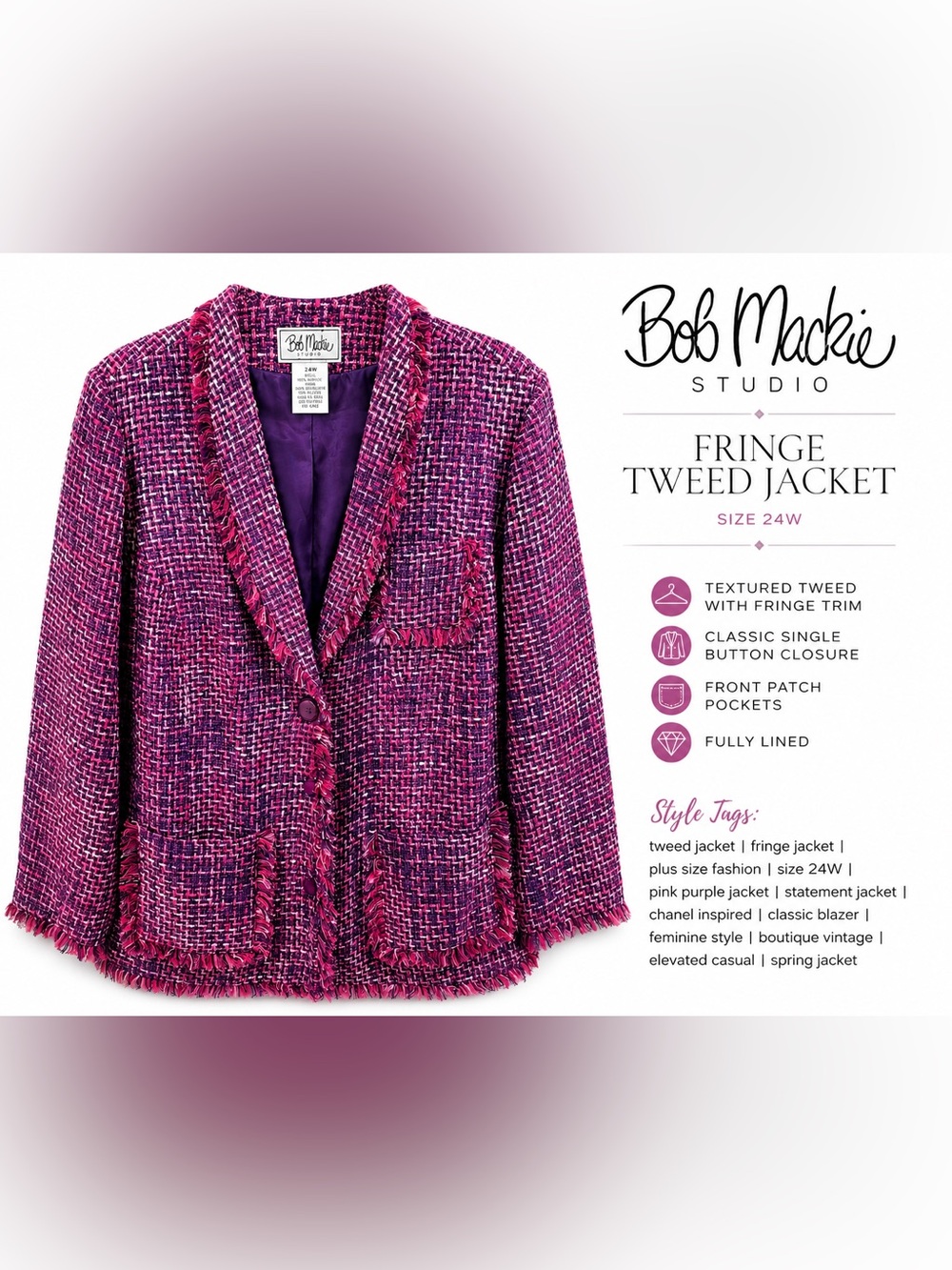 Bob Mackie Pink-Purple Tweed Fringe Blazer - Picture 5 of 5